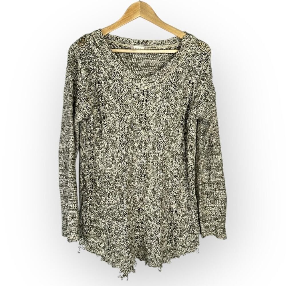 Altar'd State Crochet Sweater Women's Medium Brown Long Sleeve Raw Hem V-Neck